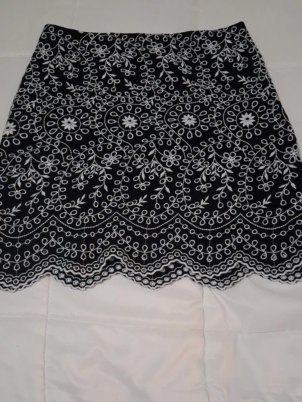 LOFT Black Mini Skirt with White Floral Embroidery